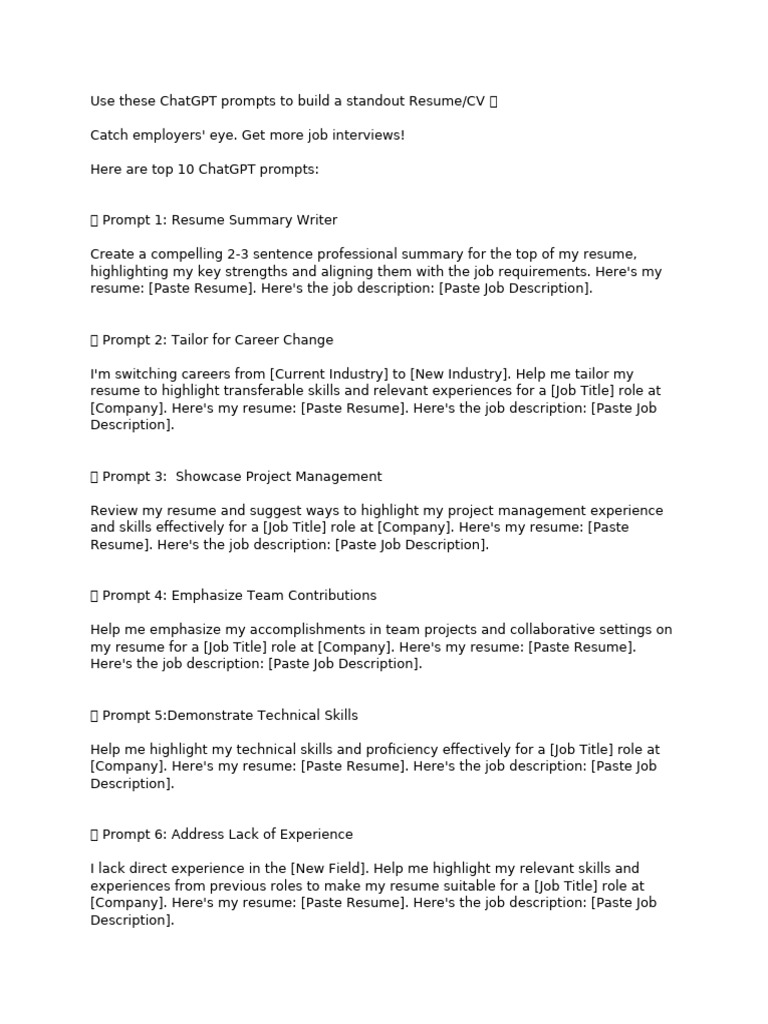 Top 10 ChatGPT Prompts for Resumes | PDF | Résumé