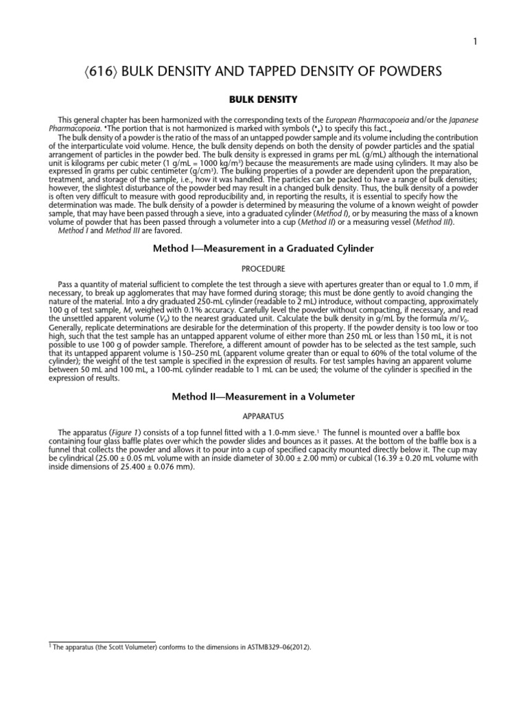 USP Bulk and Tapped Density Methods | PDF | Density | Volume