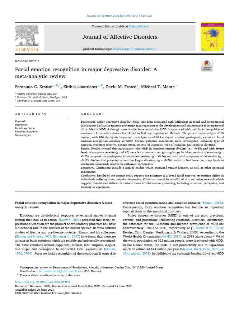 Facial Emotion Recognition in MDD | PDF | Major Depressive Disorder ...