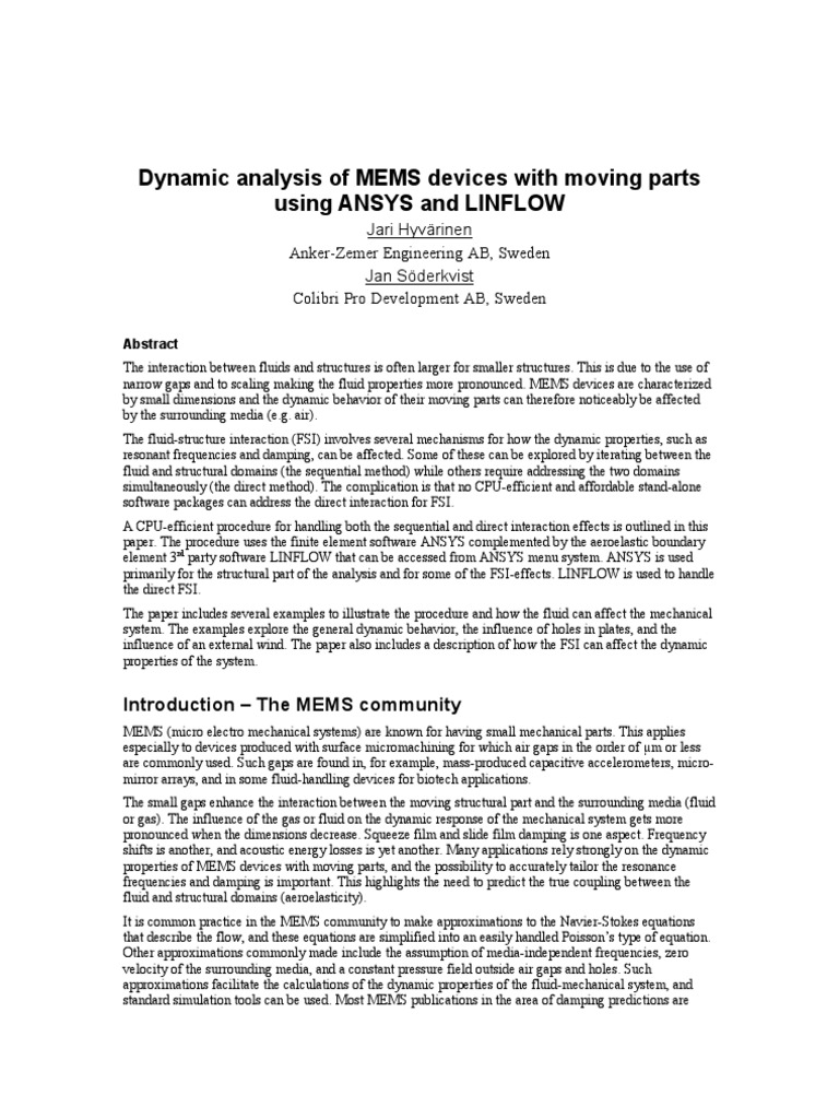 Dynamic Analysis of MEMS Devices With Moving Parts Using ANSYS and ...