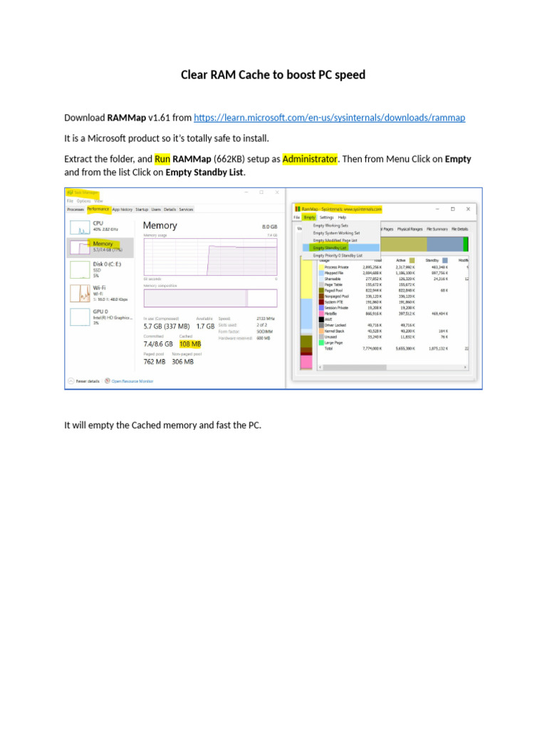 Clear RAM Cache with RAMMap v1.61 | PDF