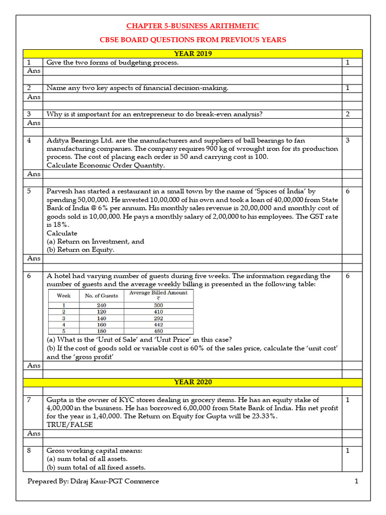 CBSE-QB-CH 5-BUSINESS ARITHMETIC | PDF | Prices | Business Economics
