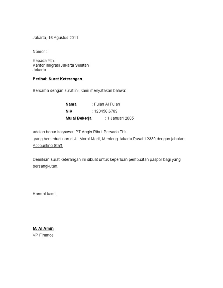 Contoh Surat Rekomendasi Atasan Paspor