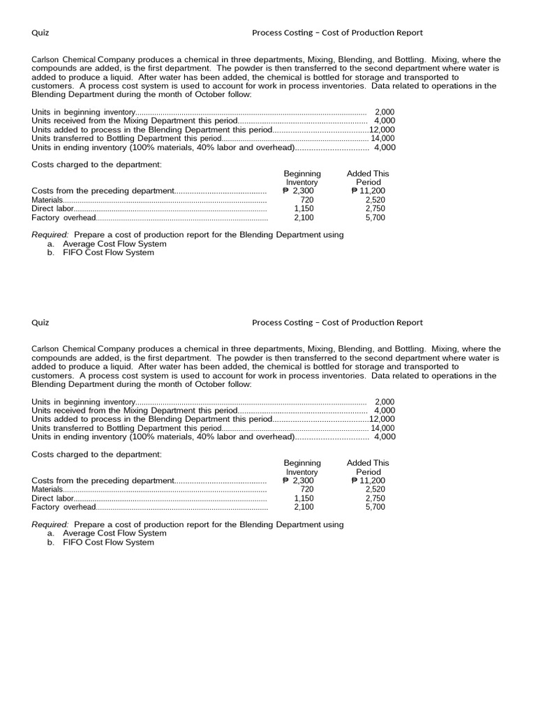Cost of Production Report: Blending Dept. | PDF | Inventory ...