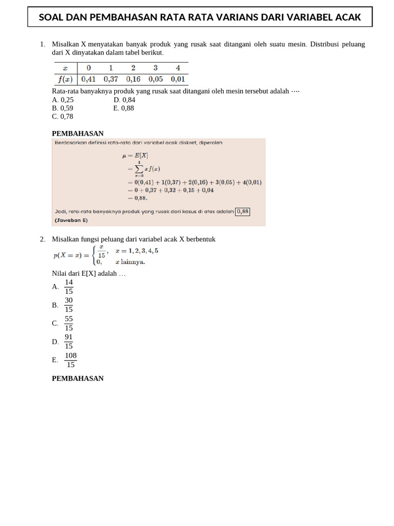 Soal Dan Pembahasan Rata Rata Varians Dari Variabel Acak | PDF