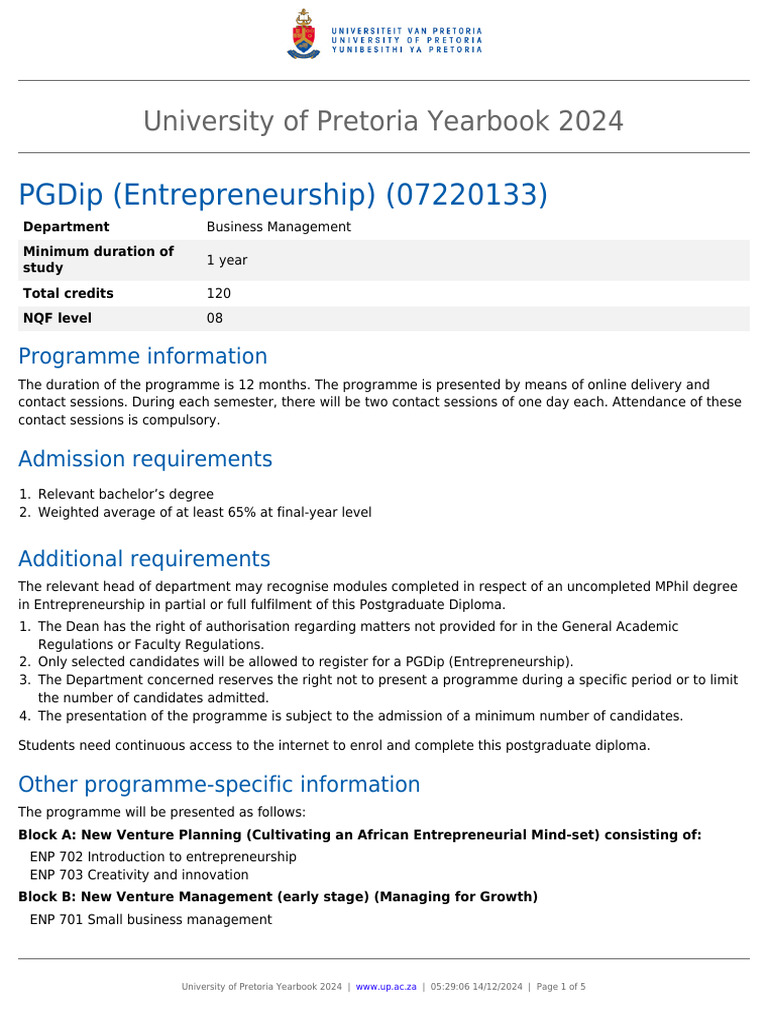 PGDip in Entrepreneurship Overview 2024 | PDF | Postgraduate Education
