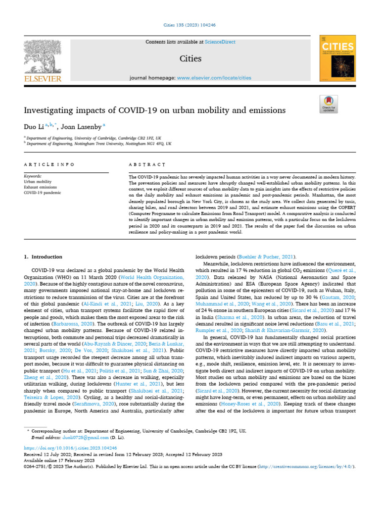Investigating Impacts of COVID 19 On Urban Mobility and Emissions 2023 ...