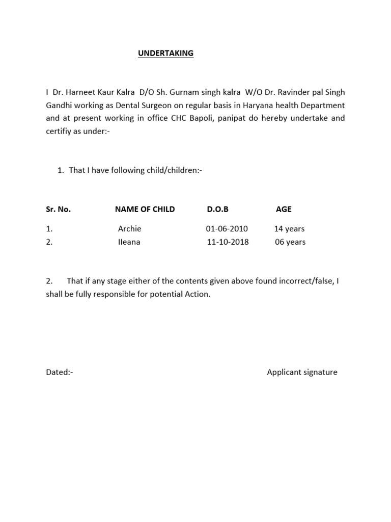 Dr. Harneet Kaur Kalra Undertaking | PDF