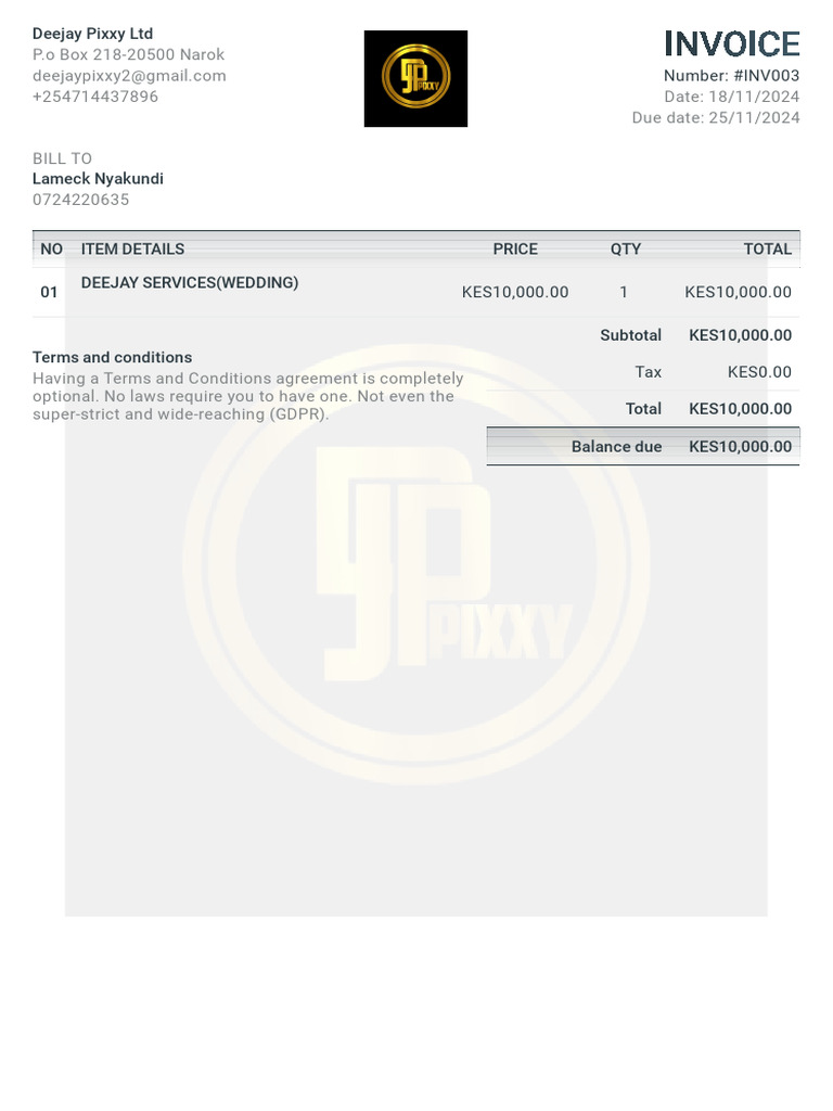 Invoice for Deejay Services - #INV003 | PDF