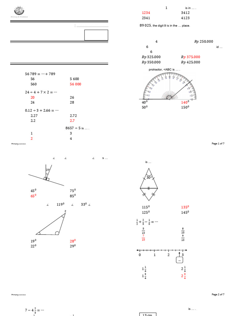 Maths Try Out 1 Answers Key | PDF