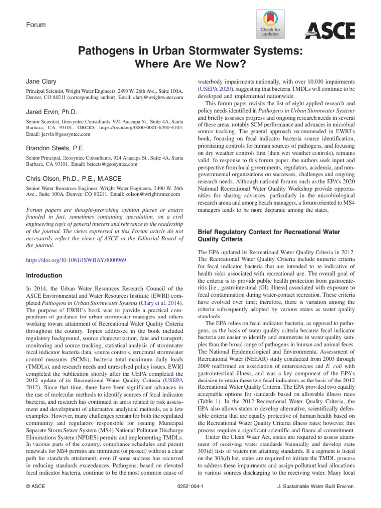 Clary Et Al 2021 Pathogens in Urban Stormwater Systems Where Are We Now ...