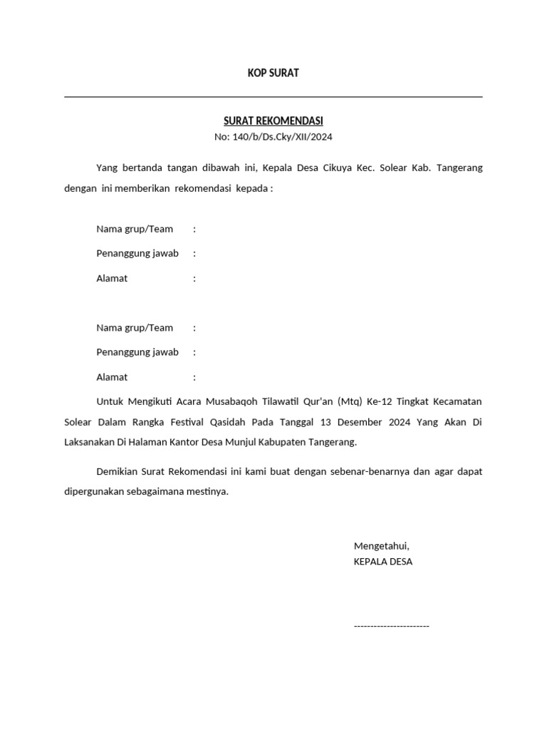 Surat Rekom Desa MTQ | PDF