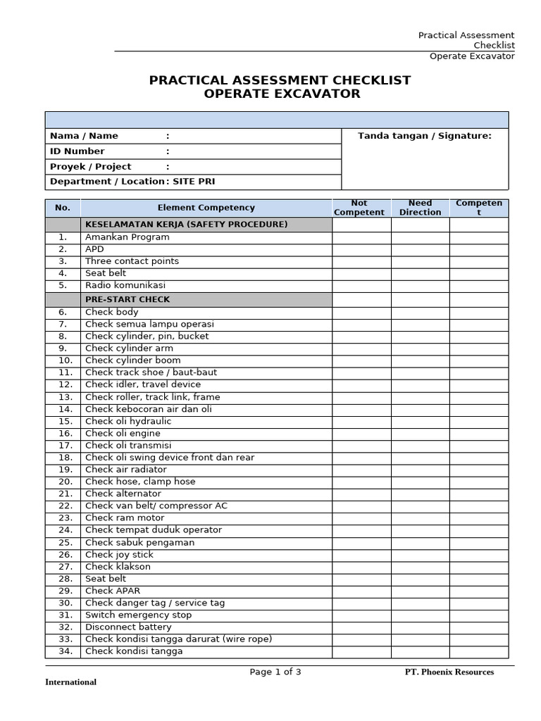 Checklist Penilaian Operasi Ekskavator | PDF