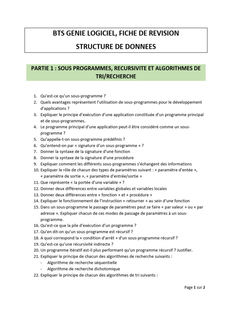 Révision BTS Génie Logiciel : Structures de Données | PDF | Fichier ...