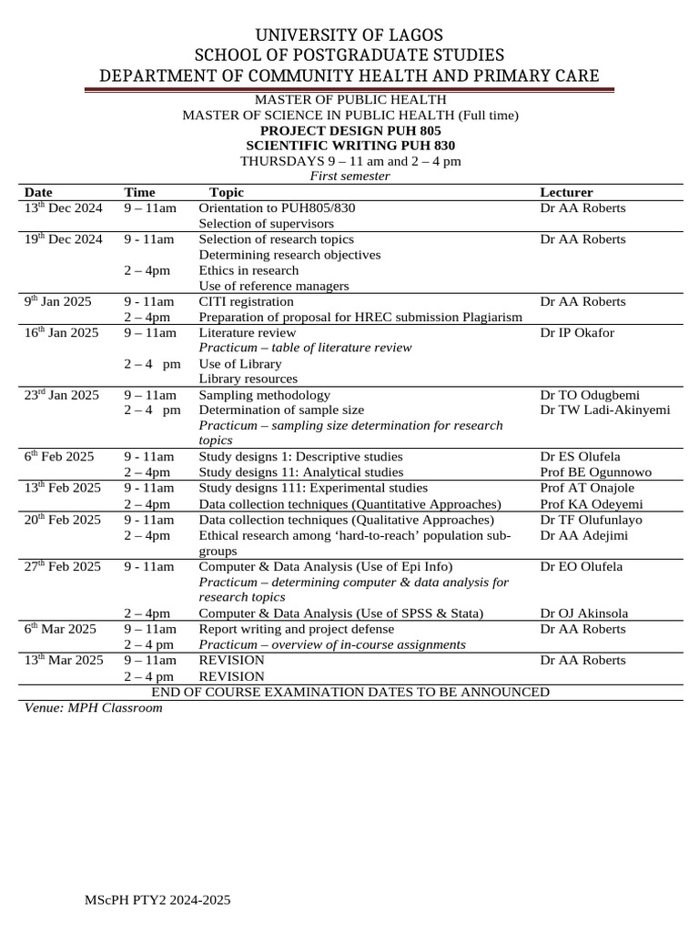 University of Lagos MPH Course Schedule | PDF | Evidence | Inquiry