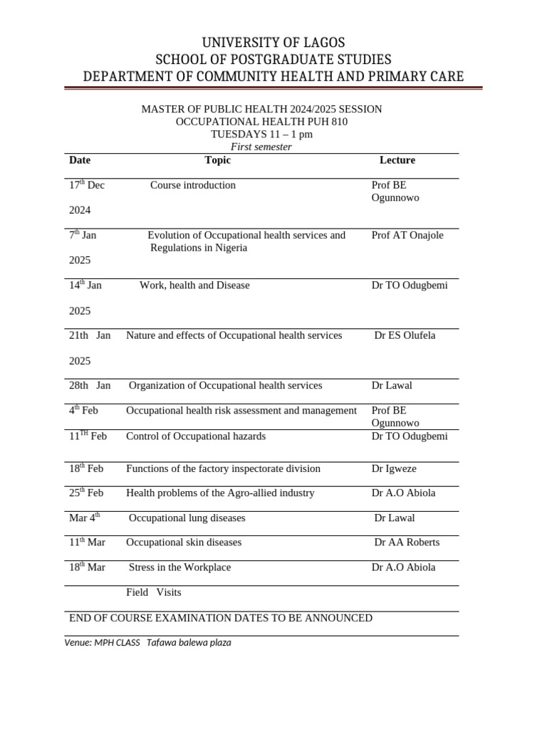 Occupational Health Timetable | PDF