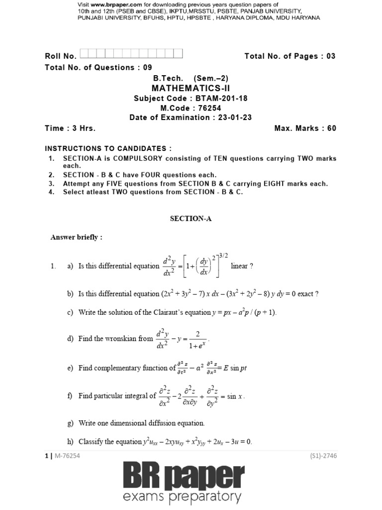 B.Tech Mathematics-II Exam Paper 2023 | PDF | Mathematical Concepts ...