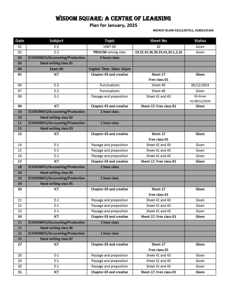 January 2025 Learning Schedule | PDF