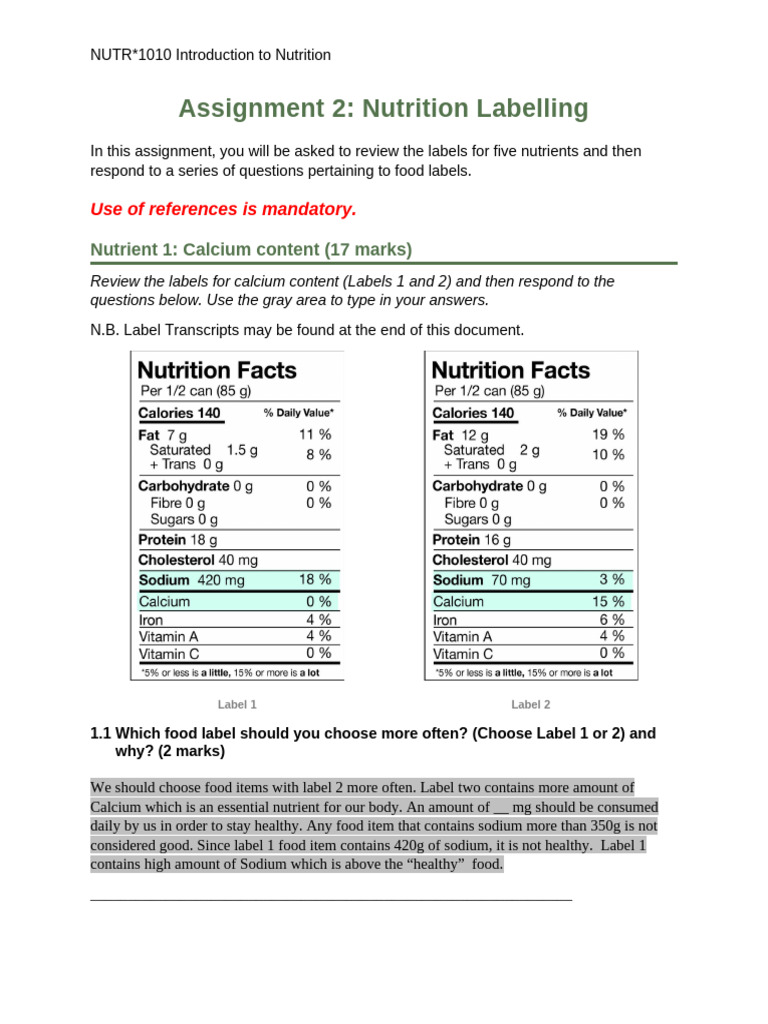 NUTR 1010 Assignment 2: Labelling Analysis | PDF | Fat | Nutrition ...