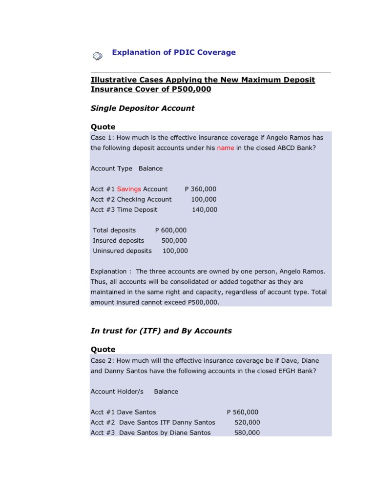 Explanation of PDIC Coverage PDF Deposit Insurance Deposit Account