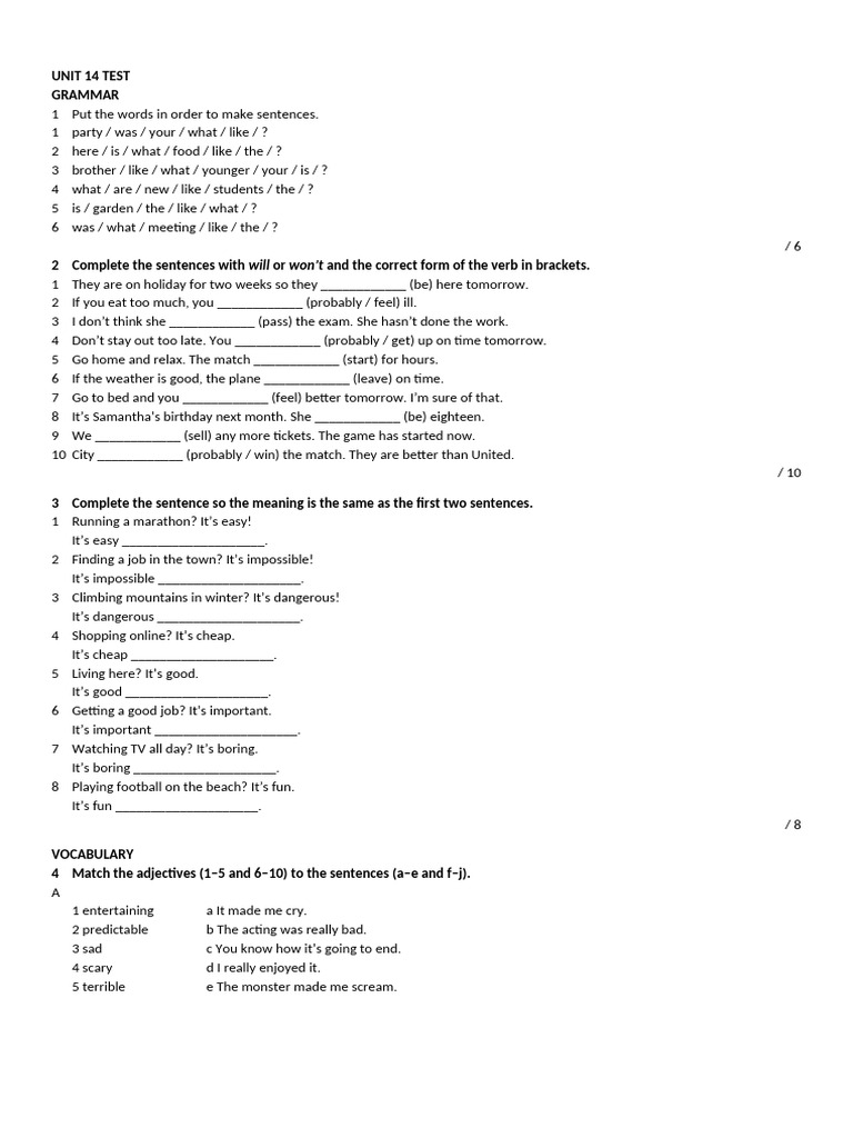 Unit 14 English Test Overview | PDF