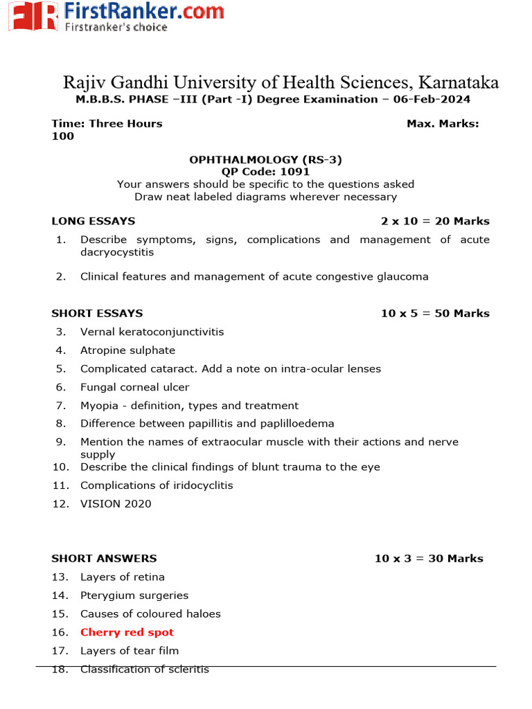 Ophthalmology Exam Questions 2024 | PDF | Ophthalmology | Human Eye