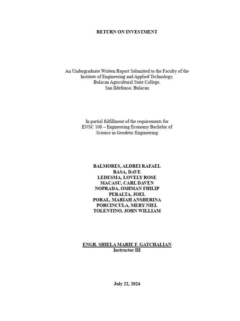 Ensc 108 Written Report Return On Investment Bsge | PDF | Return On ...