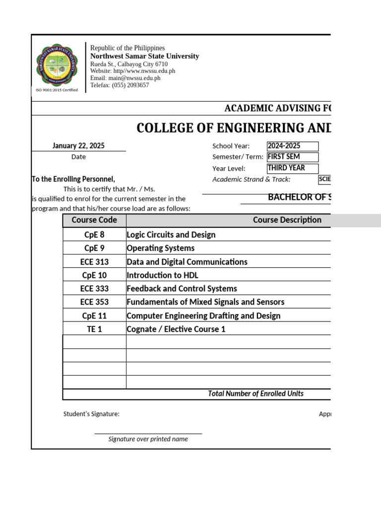 Academic-Advising-2024 3rd Year 1st Sem | PDF | Electronic Engineering ...