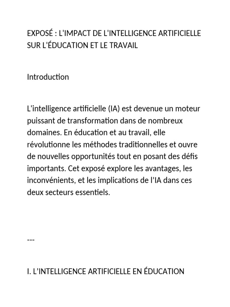 Impact de l'IA sur Éducation et Travail | PDF | Intelligence ...