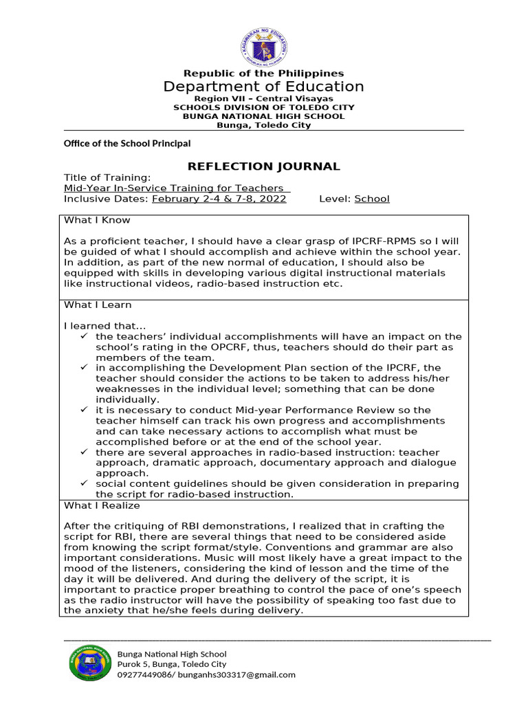 INSET-REFLECTION-JOURNAL-2022-02-02-04 & 07-08 | PDF | Teachers | Teaching