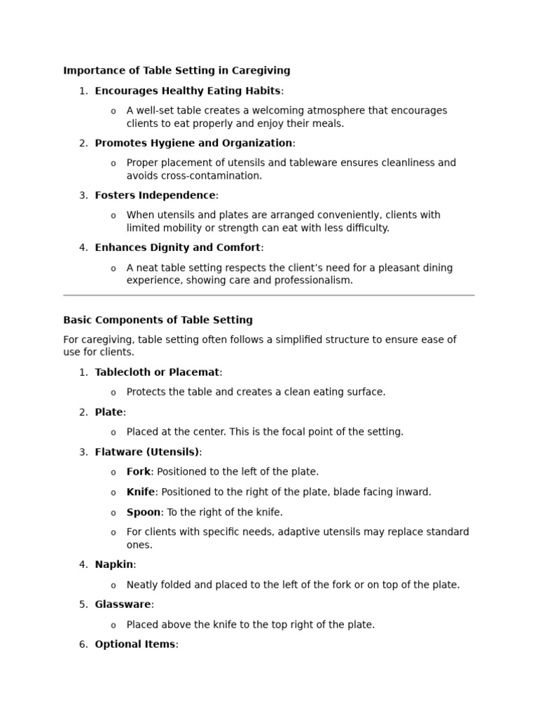 Importance of Table Setting in Caregiving | PDF | Tableware | Domestic ...