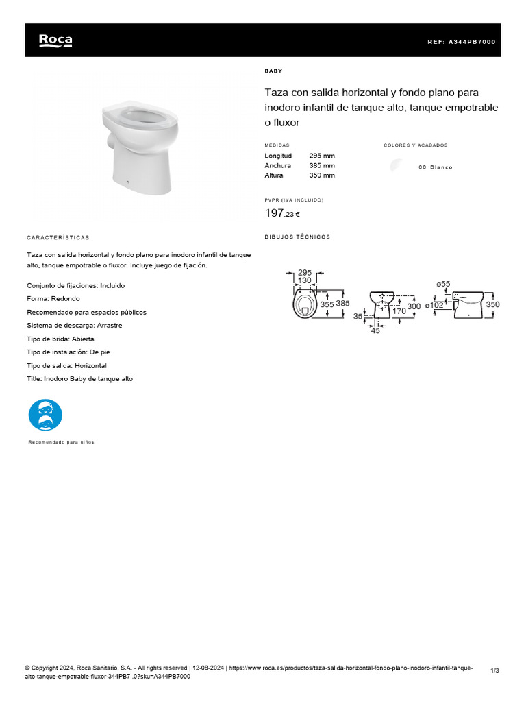 ROCA-WC-BABY-salida Horiz - A344PB7000 | PDF | Baño | Ingeniería hidráulica
