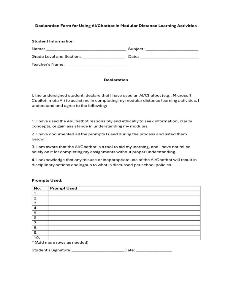 AI Usage Declaration Form for Students | PDF
