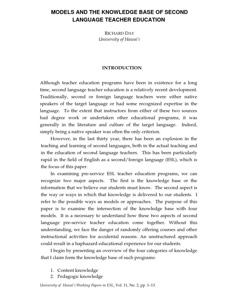 ESL Teacher Education Models Explained | PDF | English As A Second Or ...