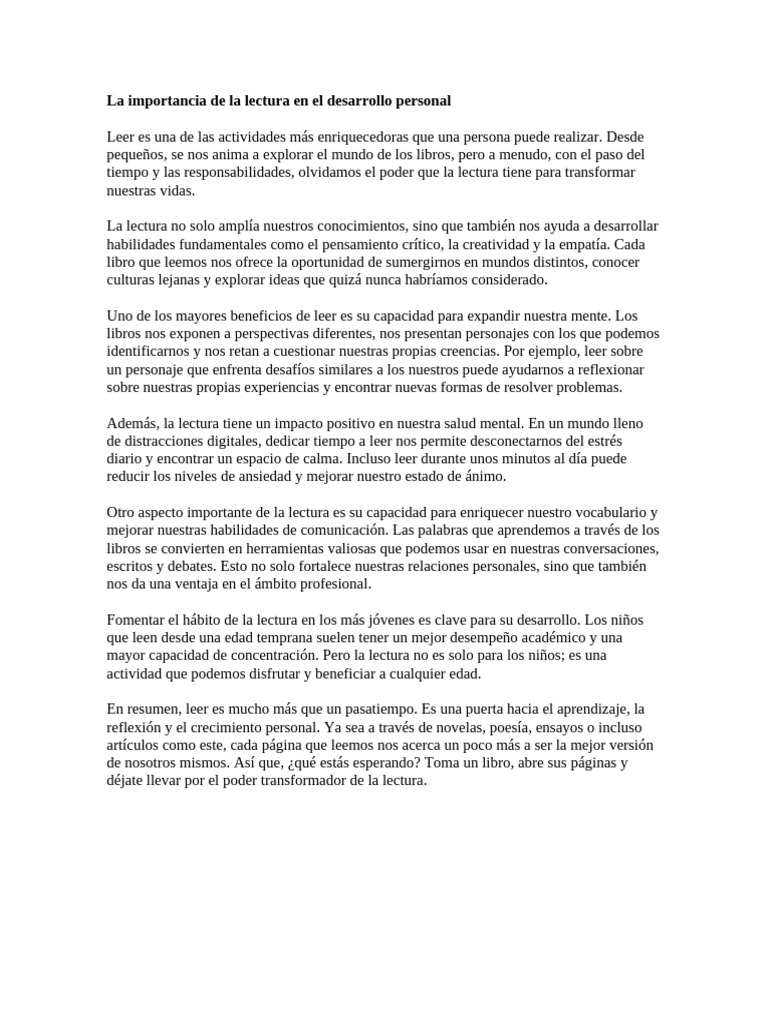 Beneficios de la lectura en el crecimiento personal | PDF | Desarrollo ...