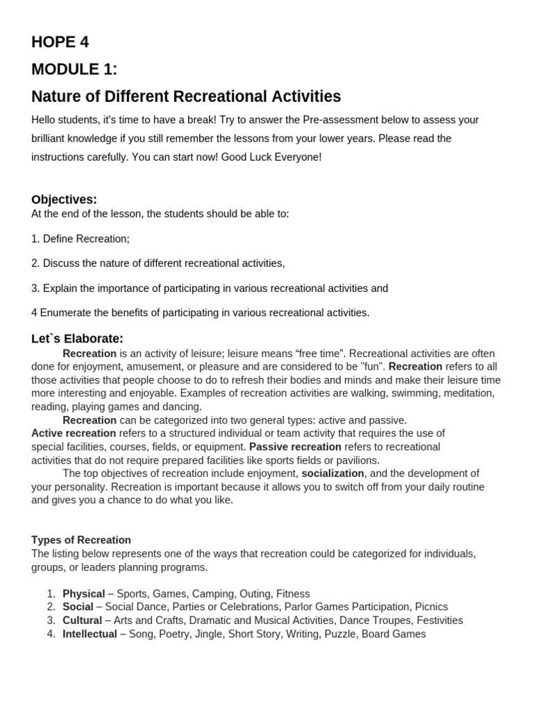 HOPE 4 Module 1: Recreational Activities | PDF | Recreation | Diabetes
