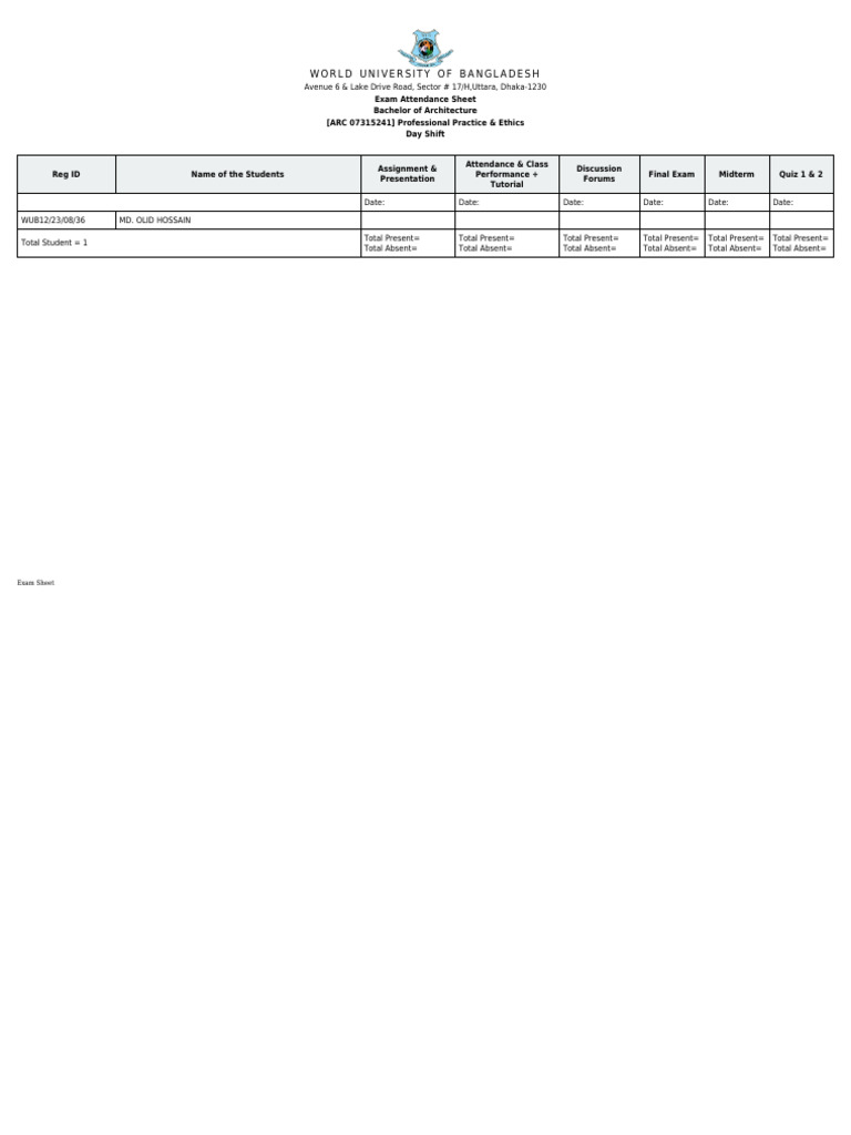 Exam Attendance Sheet for Architecture Students | PDF