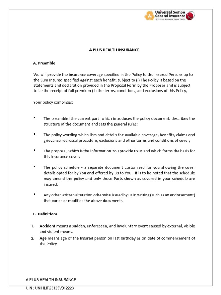 A Plus Health Insurance Policy Wording | PDF | Hypertension | Intensive ...