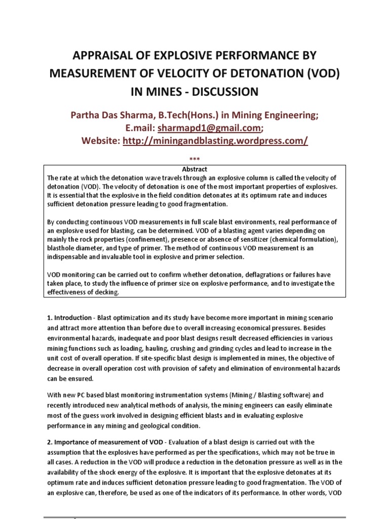 Appraisal of Explosive Performance by Measurement of Velocity of Detonation (Vod) in Mines