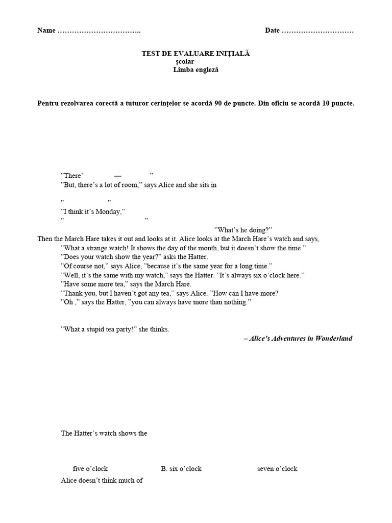 7th Grade Initial Test | PDF | Alice's Adventures In Wonderland | Lewis ...