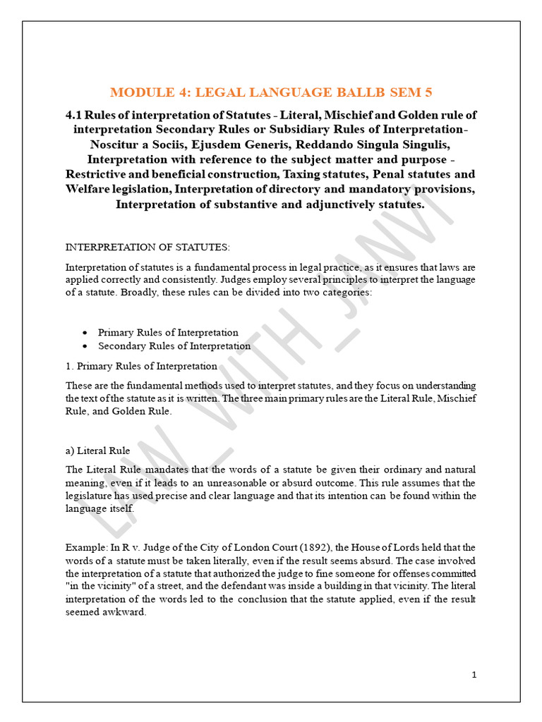 Legal Language Ballb Sem 5 | PDF | Statutory Interpretation | Plain ...