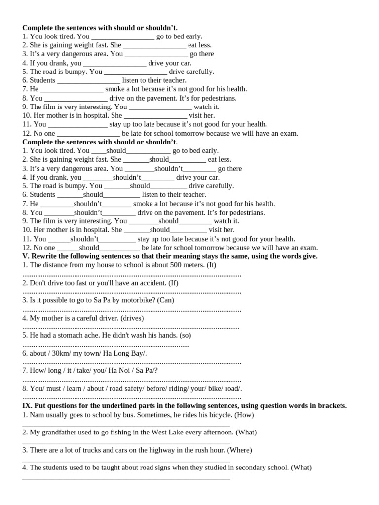 Completing Sentences with Should/Shouldn't | PDF | Vehicle Technology ...