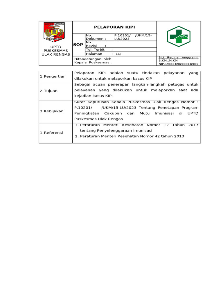 SOP Pelaporan KIPI Puskesmas Ulak Rengas | PDF