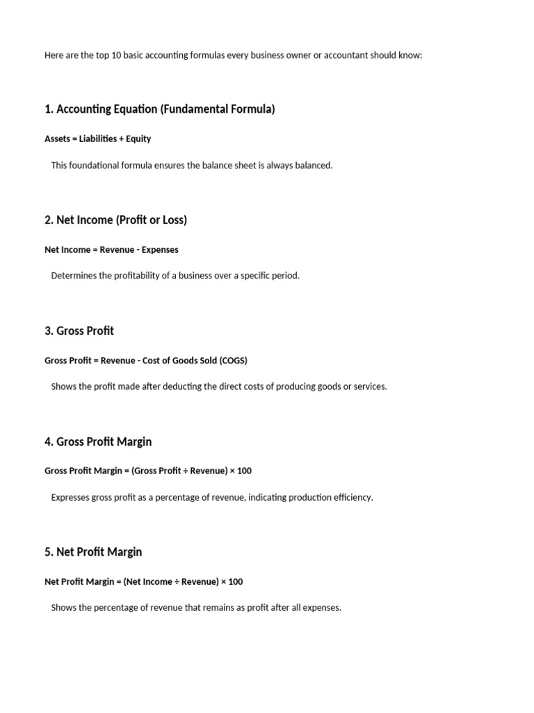Top 10 Accounting Basic Formula | PDF