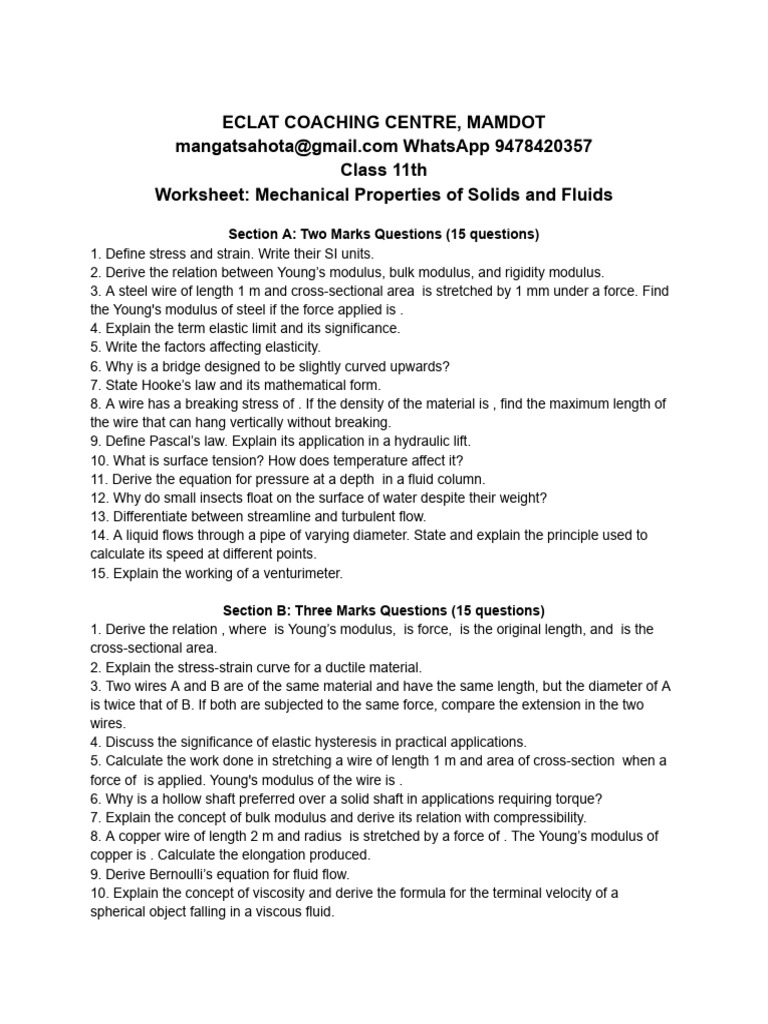 Revision 11 TH Physics Solidfluid Mangat Sahota | PDF | Young's Modulus ...