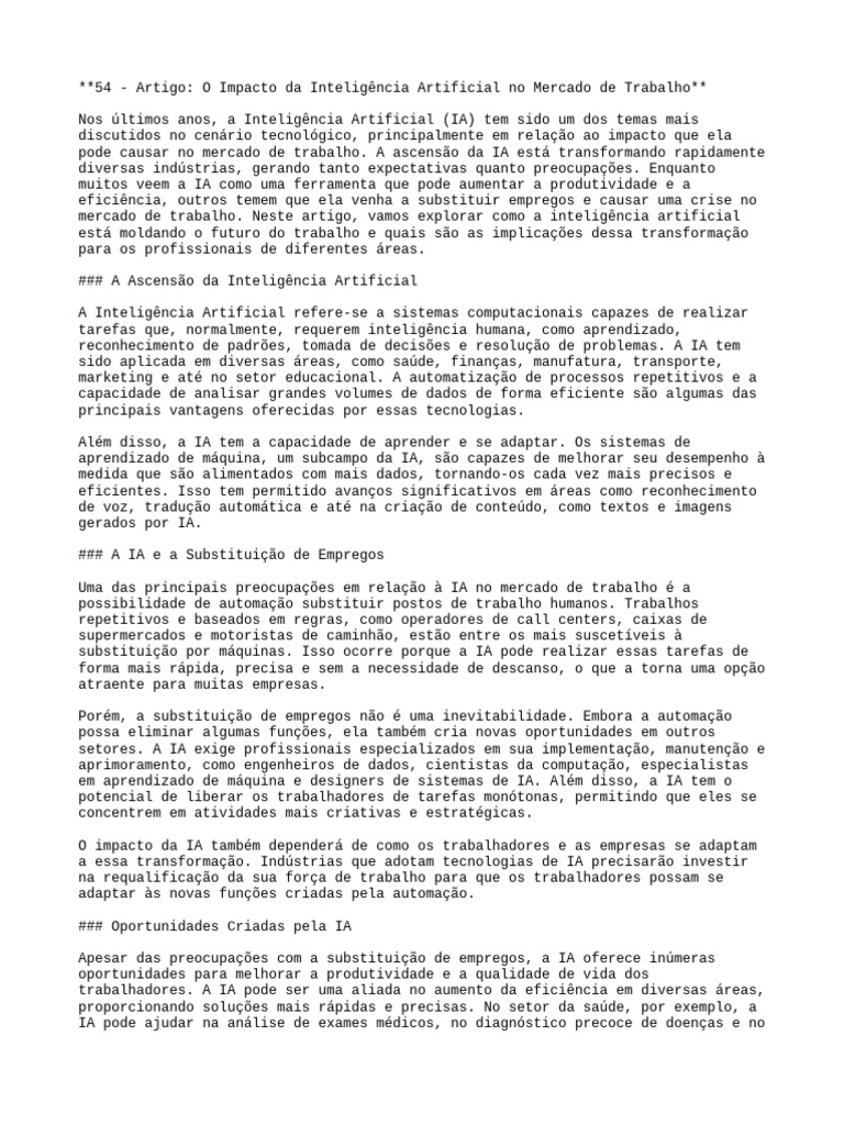 Impacto da IA no Mercado de Trabalho | PDF | Inteligência artificial ...