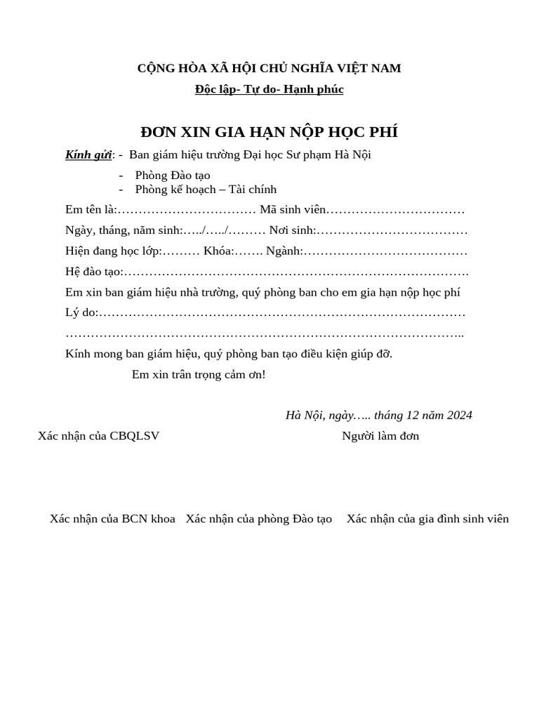 ĐƠN XIN ĐÓNG HỌC PHÍ TRỄ HẠN CTU
