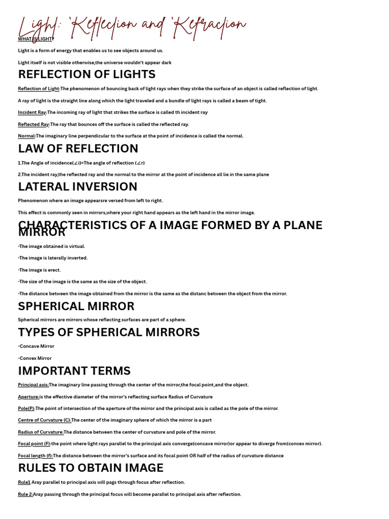Light: Reflection & Refraction Guide | PDF | Mirror | Reflection (Physics)