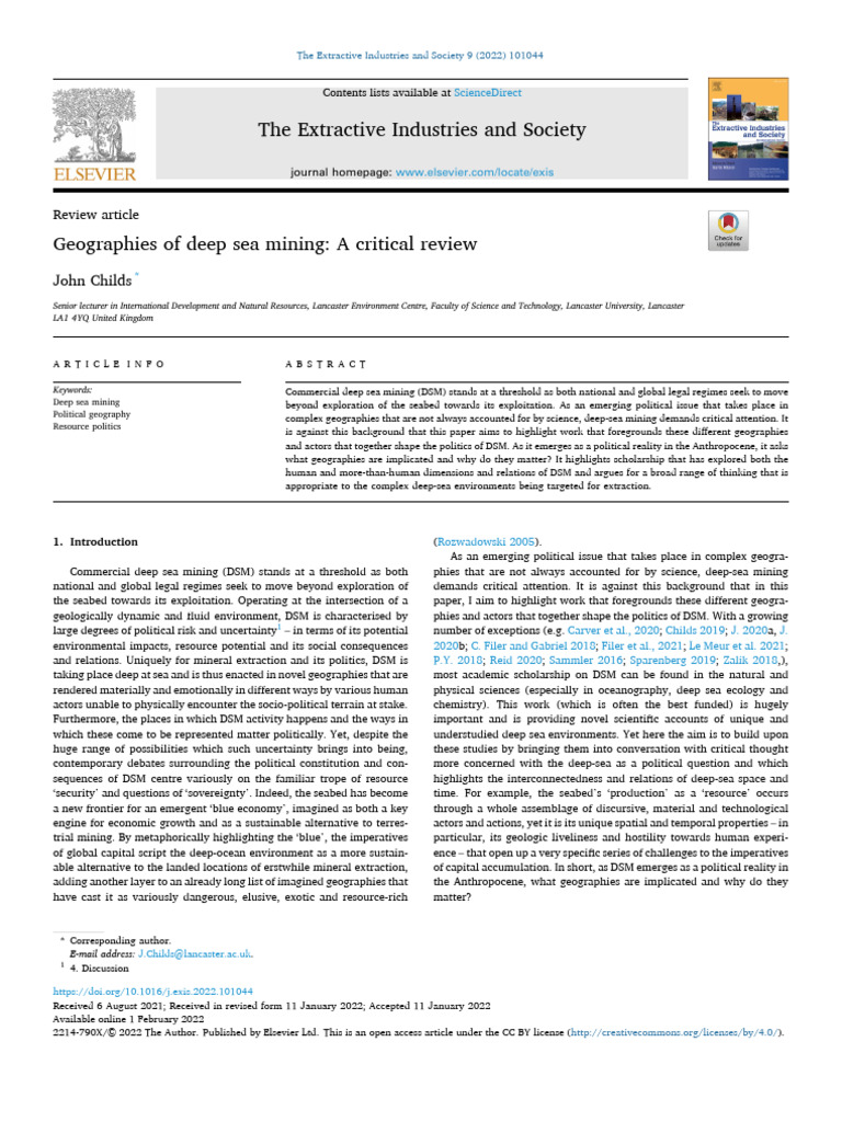 Geographies of deep sea mining A critical review | PDF | Hydrothermal ...