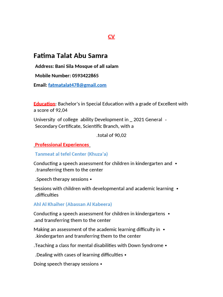 CV | PDF | Intellectual Disability | Learning Disability